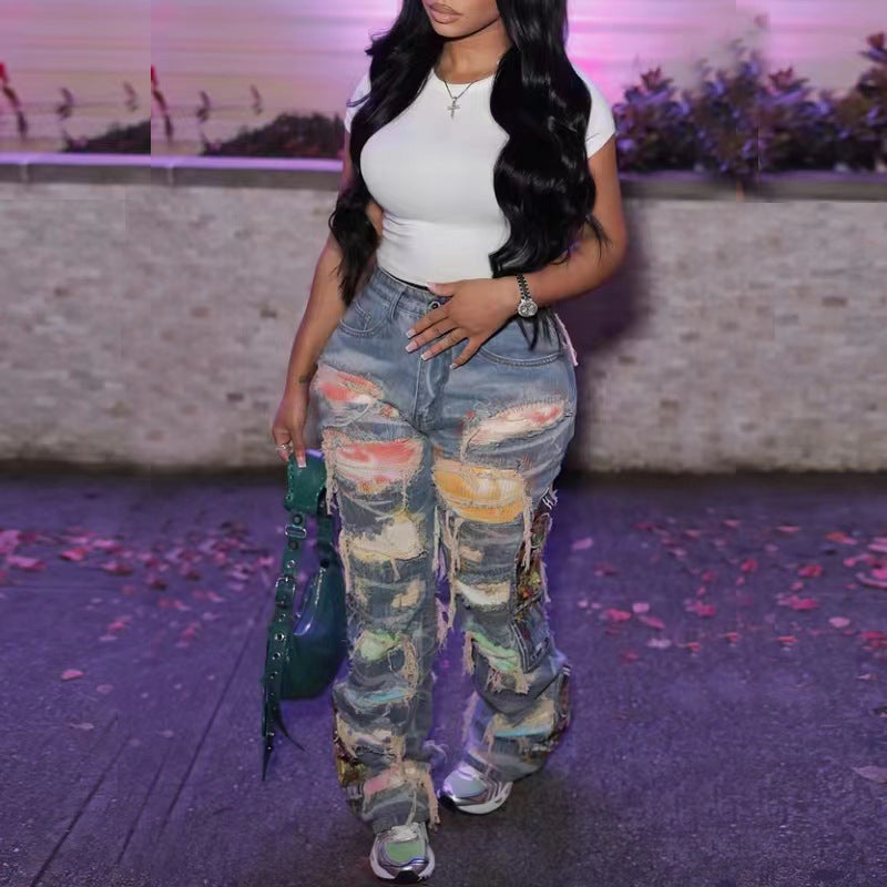 Women Printed Ripped Casual Denim Pants 4