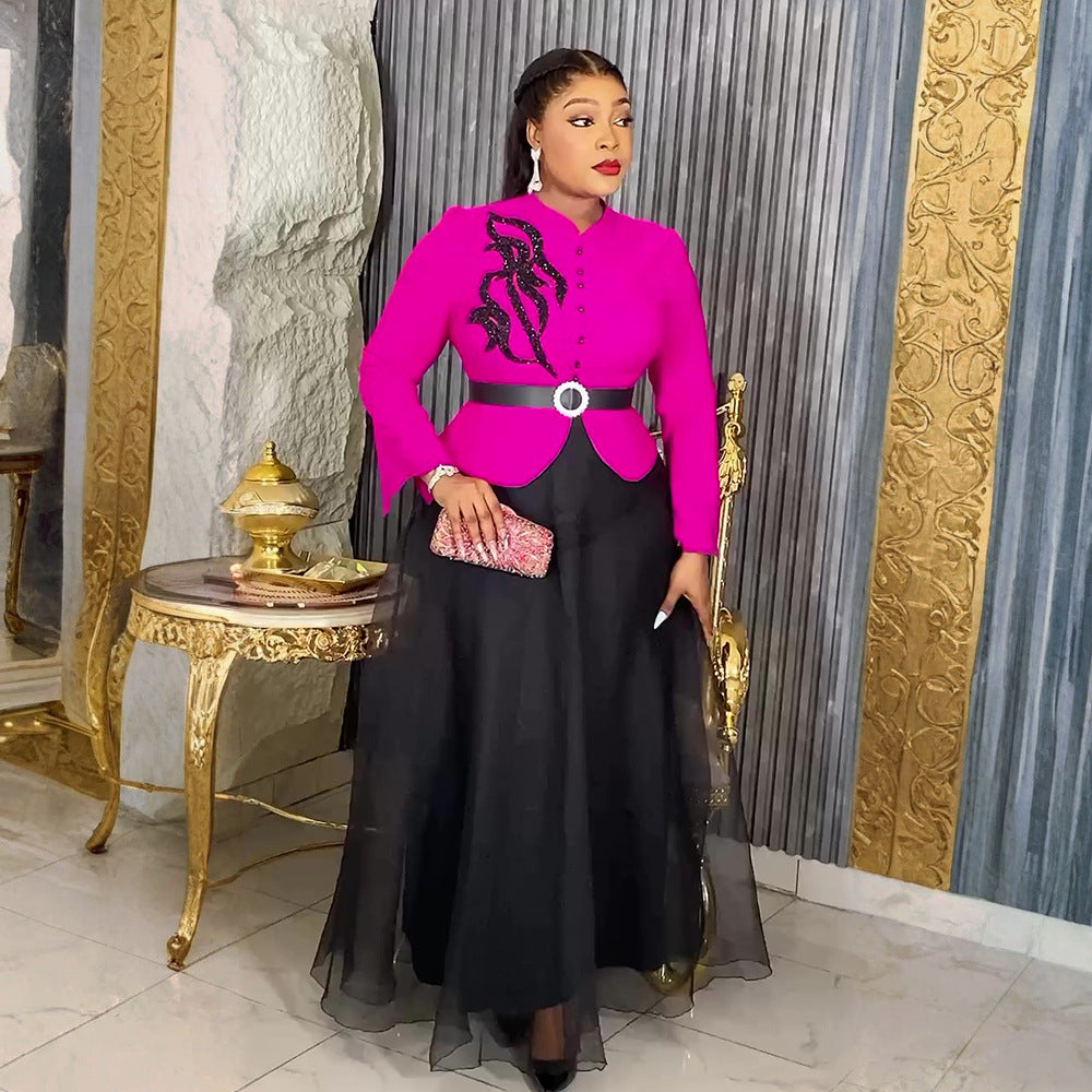 Women long-sleeved button fake two-piece Beaded dress