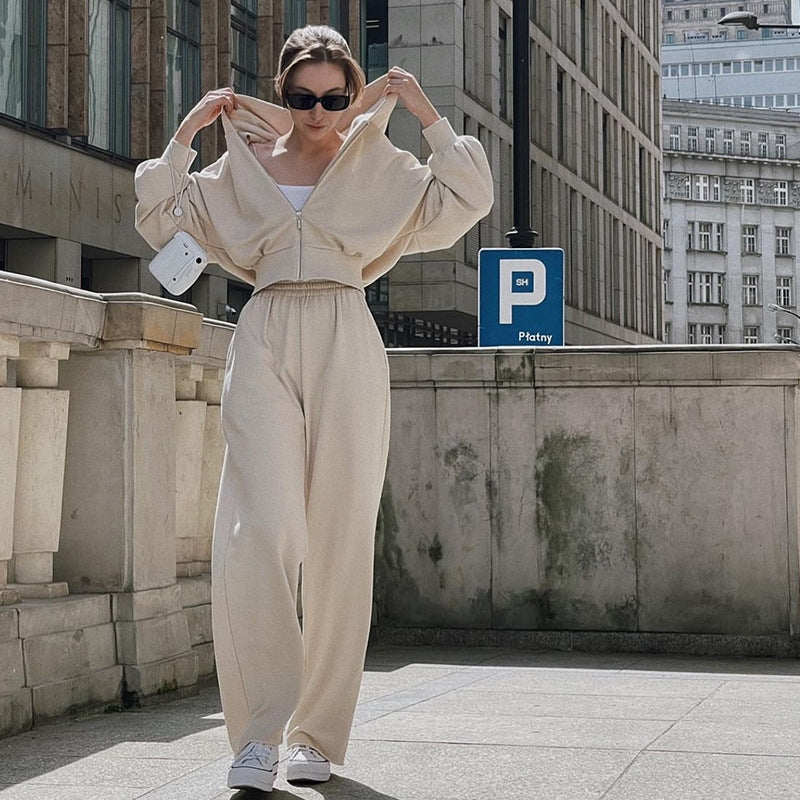 Women Fall Casual Long Sleeve Zipper Hoodies andSolid Lace-up PantsTwo Piece Set 14