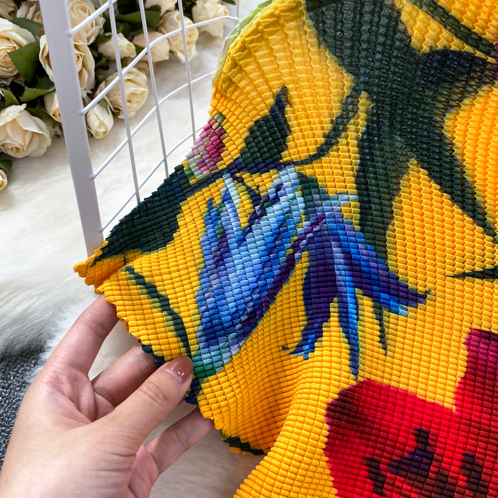 Fashion Women's Short Sleeve Printed Pleated Top High Waisted Slim Fit Wide Leg Pants Two-Piece Set 13