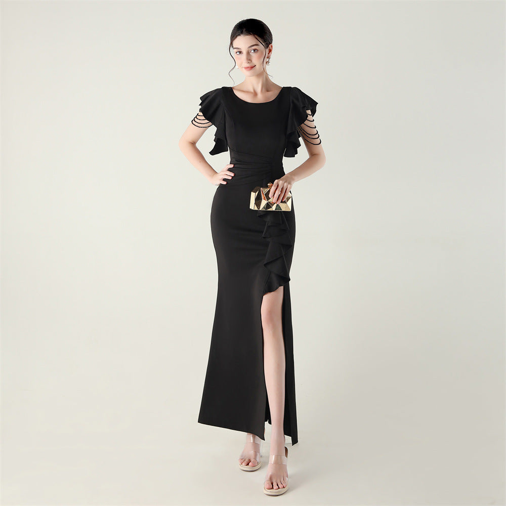 Women beaded tube V neck ruffle draped bead chain bead formal party evening dress 8