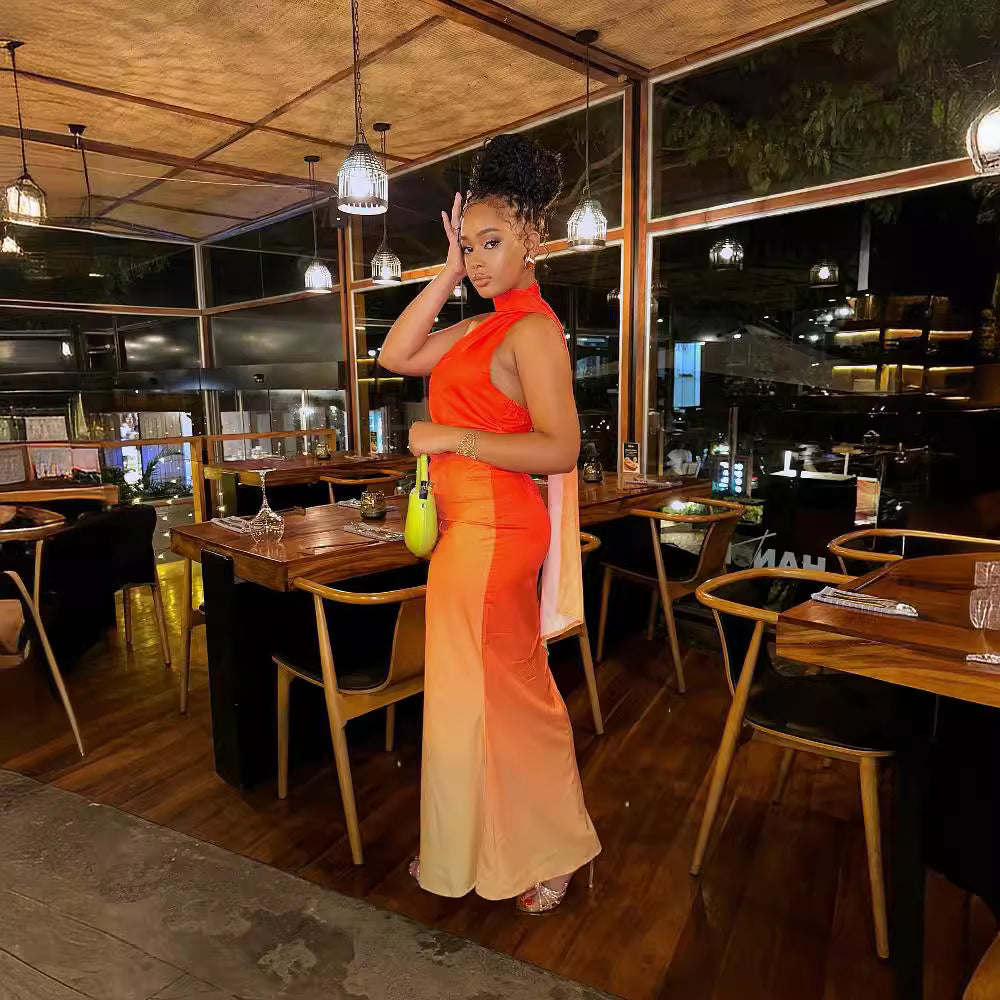 Summer Sexy Halter Neck Slash Shoulder Low Back Gradient Bodycon Dress 3