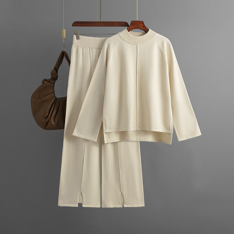 Women autumn and winter loose solid sweater and slit wide-leg pants two-piece set 18