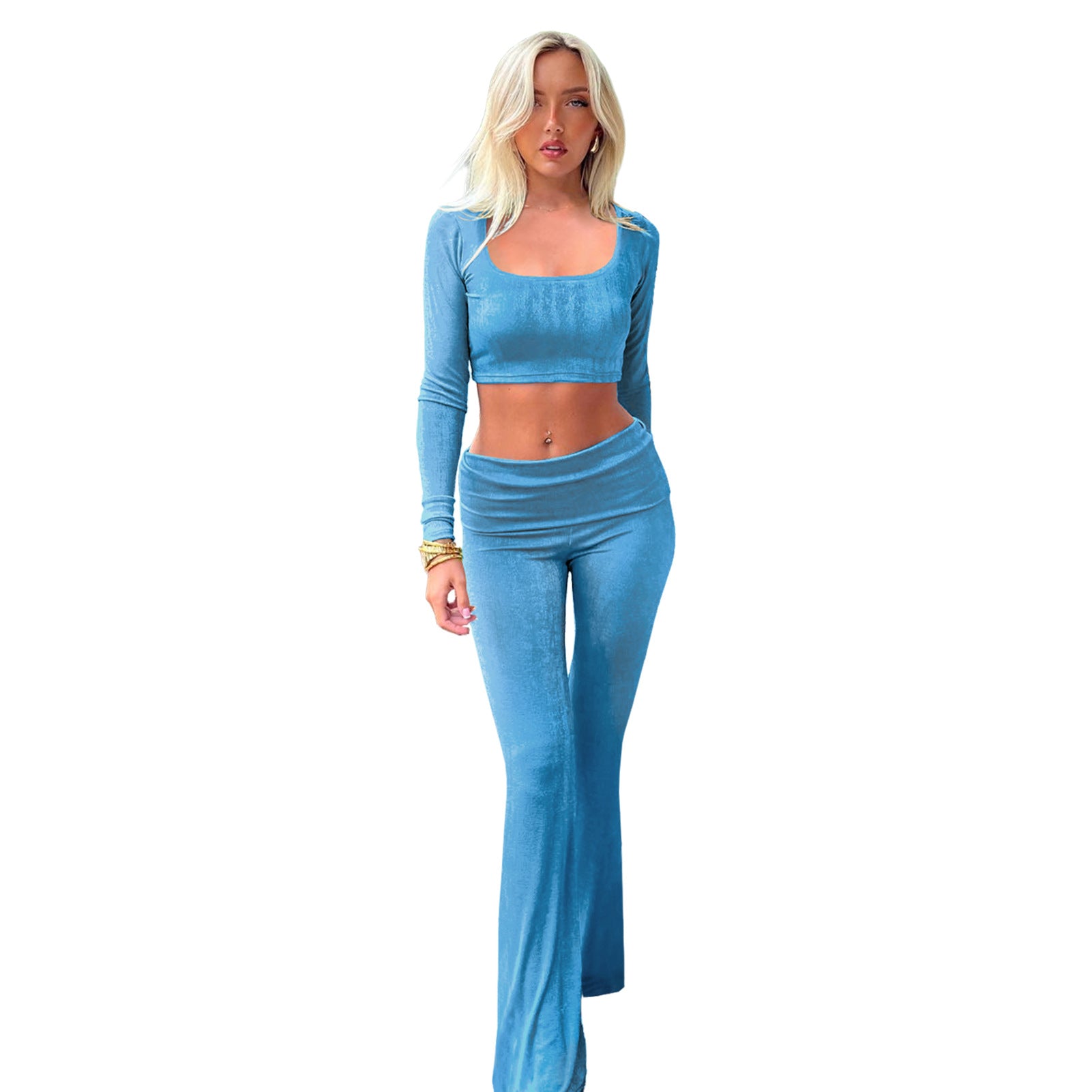 Women's Fashion Solid Color Square Neck Top Low-Waist Bell Bottom Pants Set 15