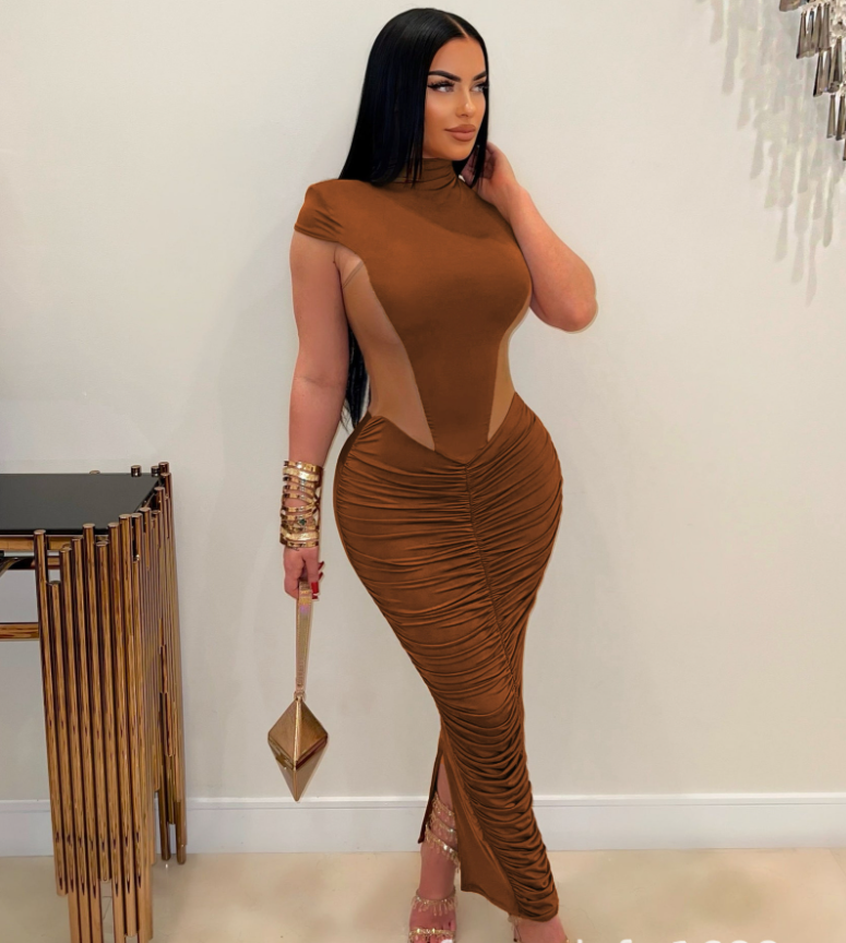 Spring Sexy See-Through Mesh Pleated Long Dress