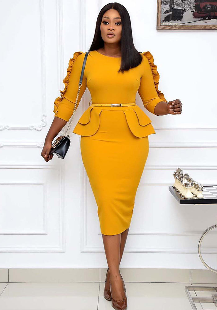 Plus Size Women Ruffle Edge Patchwork Sexy Dress With Belt