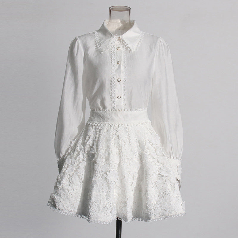 Elegant spring single-breasted shirt ruffled short skirt two-piece suit 9