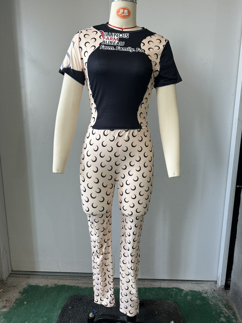 Trendy Moon Print Stretchy Slim-Fit Basic Top & Pants Set 12