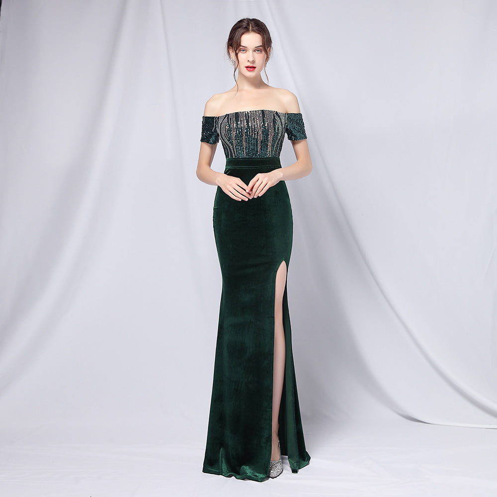 Summer Formal Sequin Upper Off Shoulder Slit Evening Dress 6