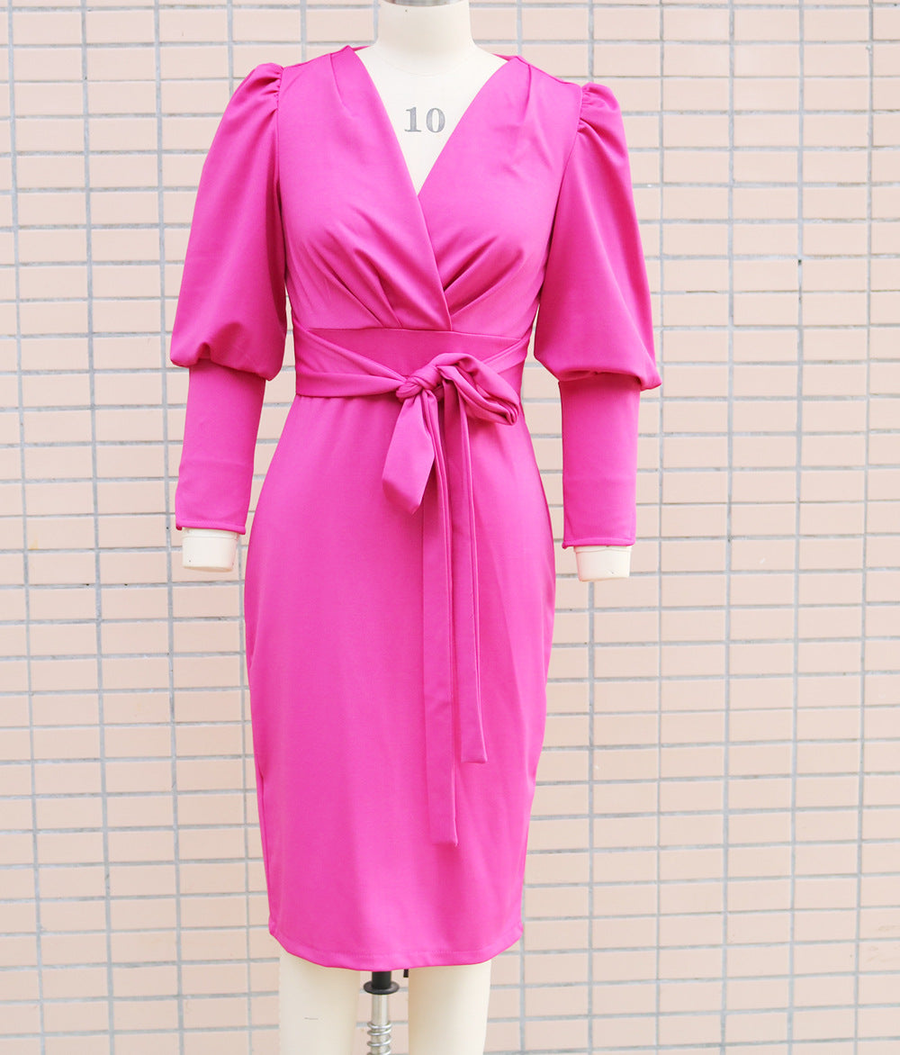 Women Puff Long Sleeve V Neck Bodycon Dress 13