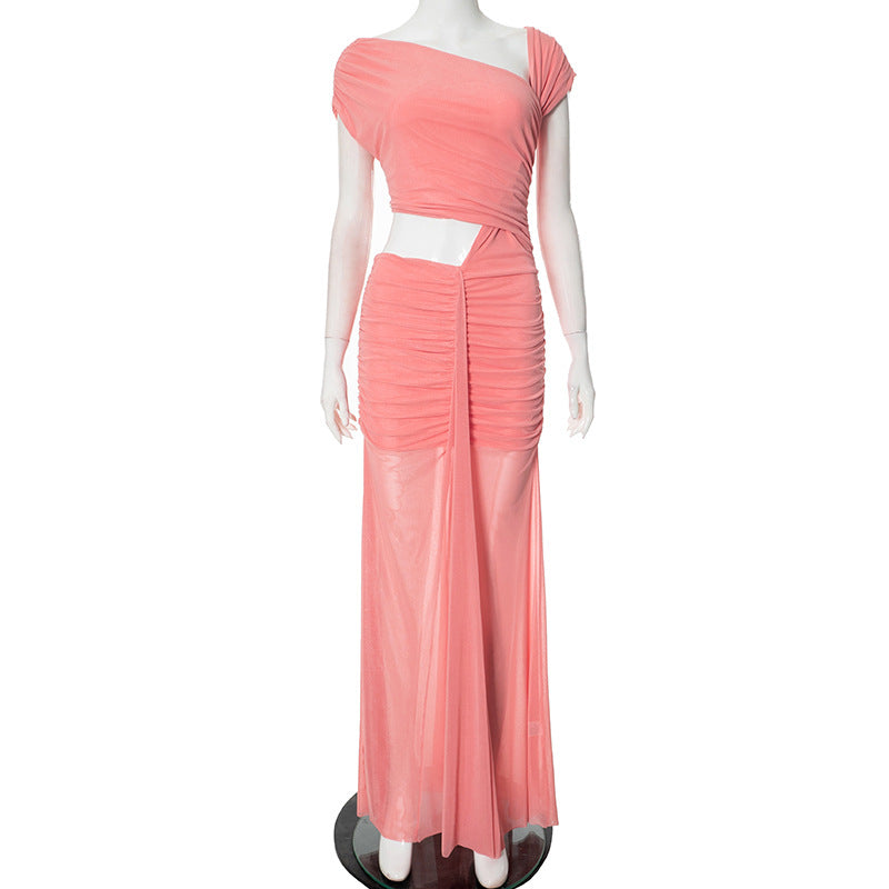 Spring Elegant Solid Color Slash Shoulder Sleeveless Long Dress 13