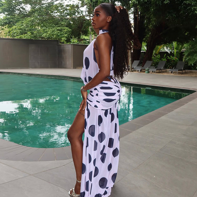 Black White Polka Dot Women's Slit Print Irregular High Neck Tie Low Back Dress 3