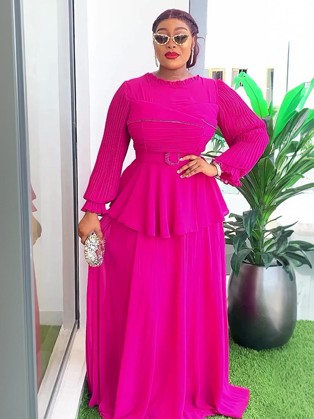 Plus Size African Women ruffle patchwork pleated long-sleeved dress 5