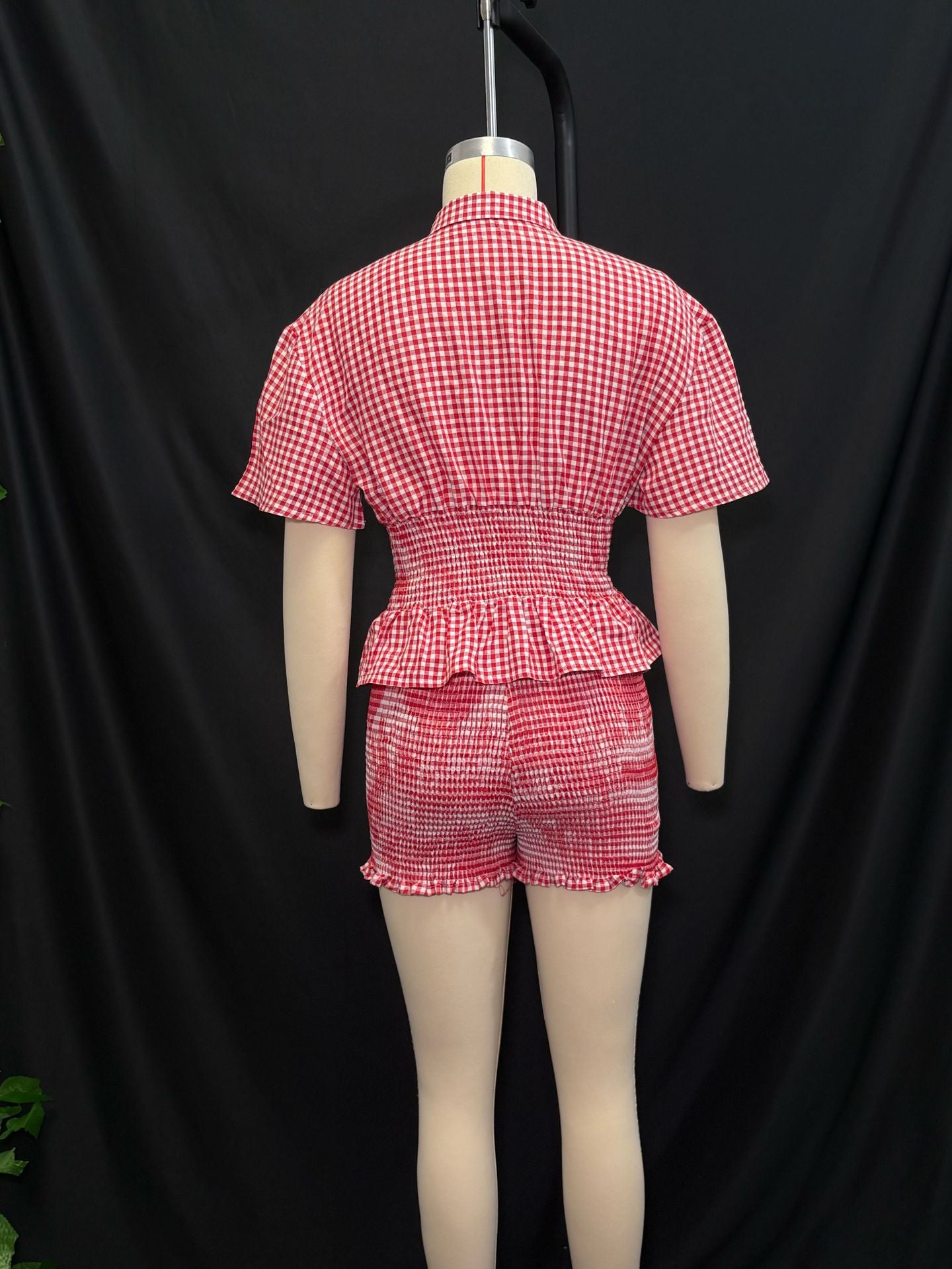 Summer sweet red and white plaid short-sleeved turndown collar shorts set 6
