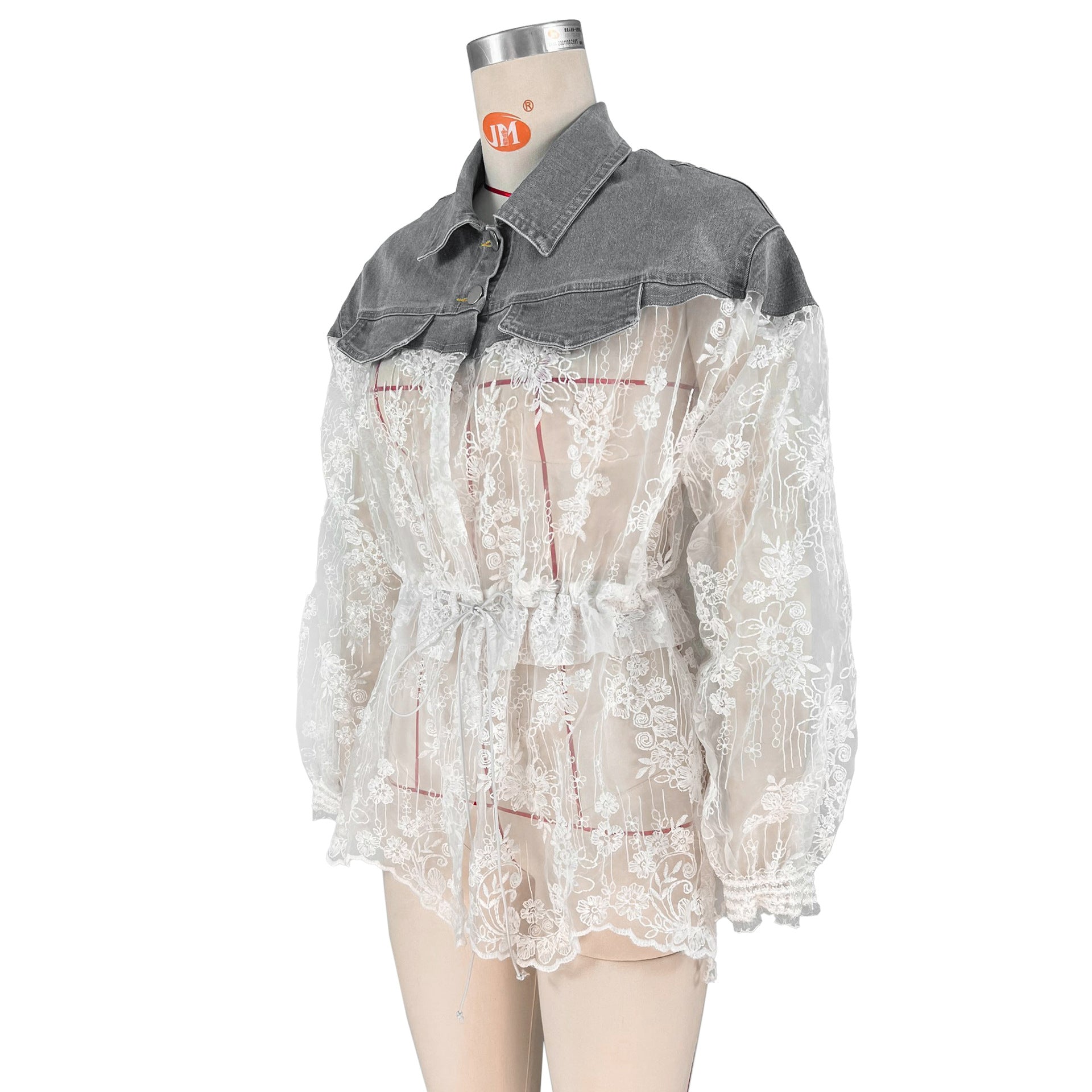 Sexy Ladies Denim Patchwork Embroidered Mesh See-Through Slim Waist Shirt 7