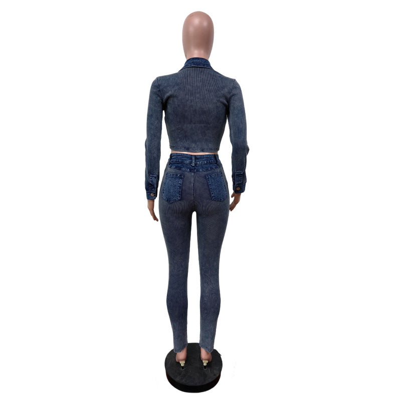 Women Denim Patchwork Ribbed Sretchy Long Sleeve Top and Pant Two-Piece Set 5