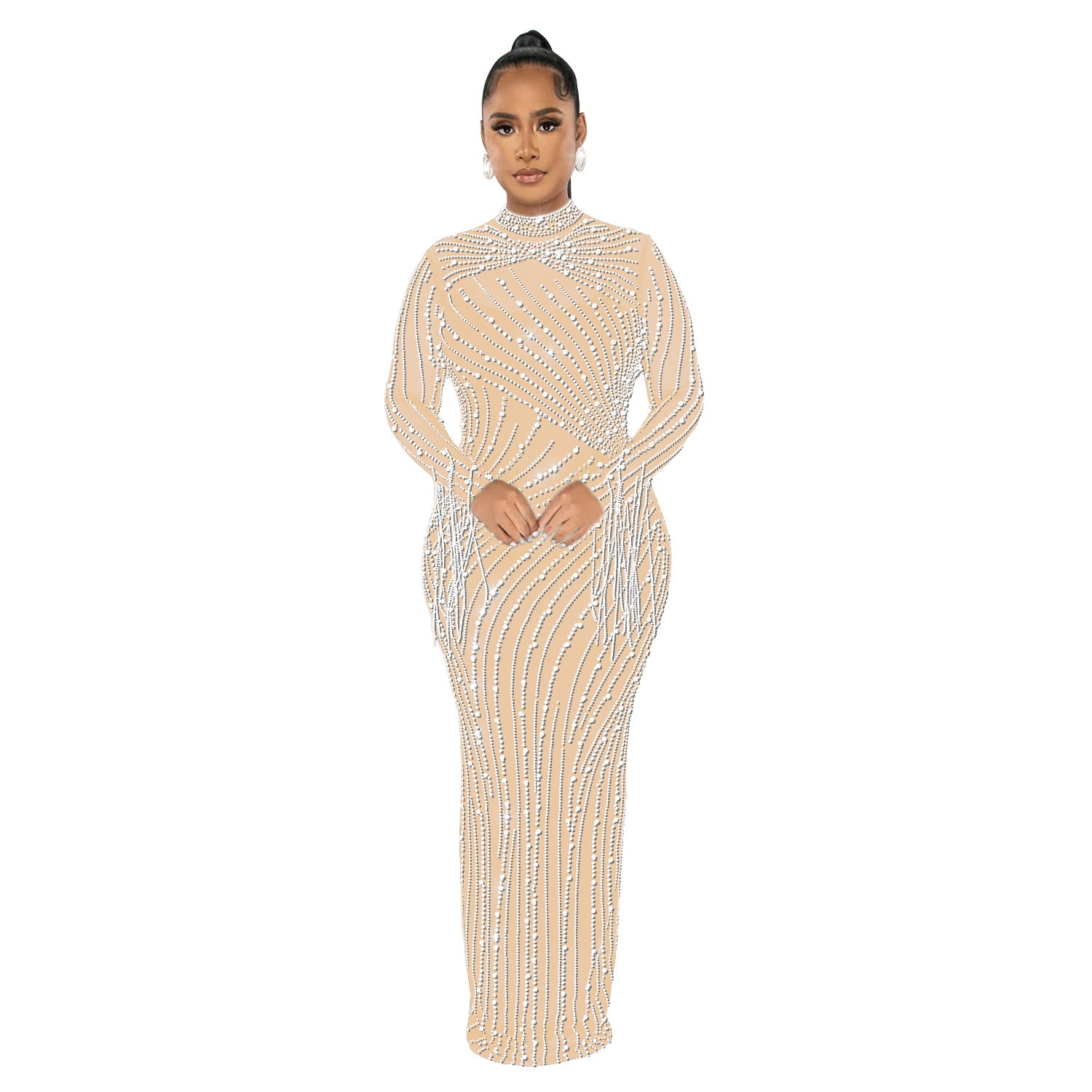 Women Mesh See-Through Beaded Long Sleeve Maxi Dress Set 11