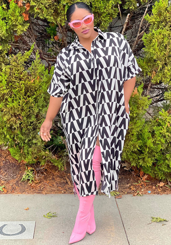 Plus Size Women Summer Printed Loose Shirt Dress