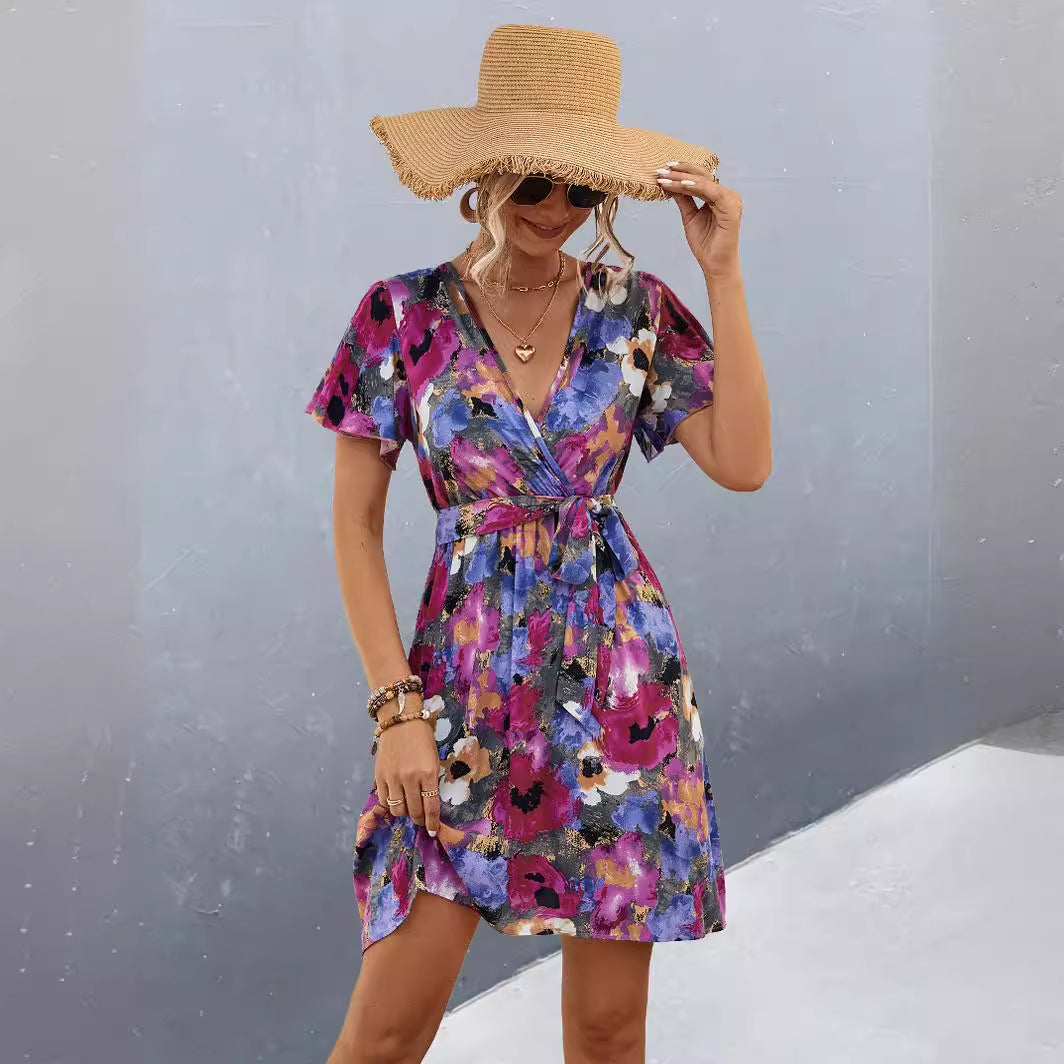 Spring Women's Print Lace-Up Short Sleeve Dress 6