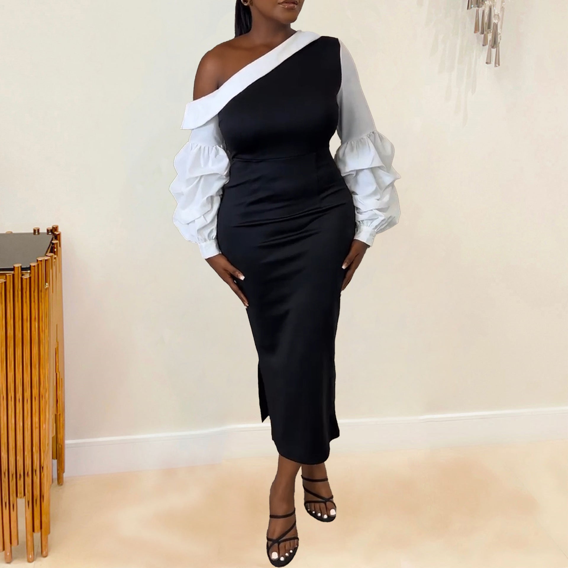 Women Contrast Slash Shoulder Stretch Bodycon Slit Balloon Sleeve Dress 4