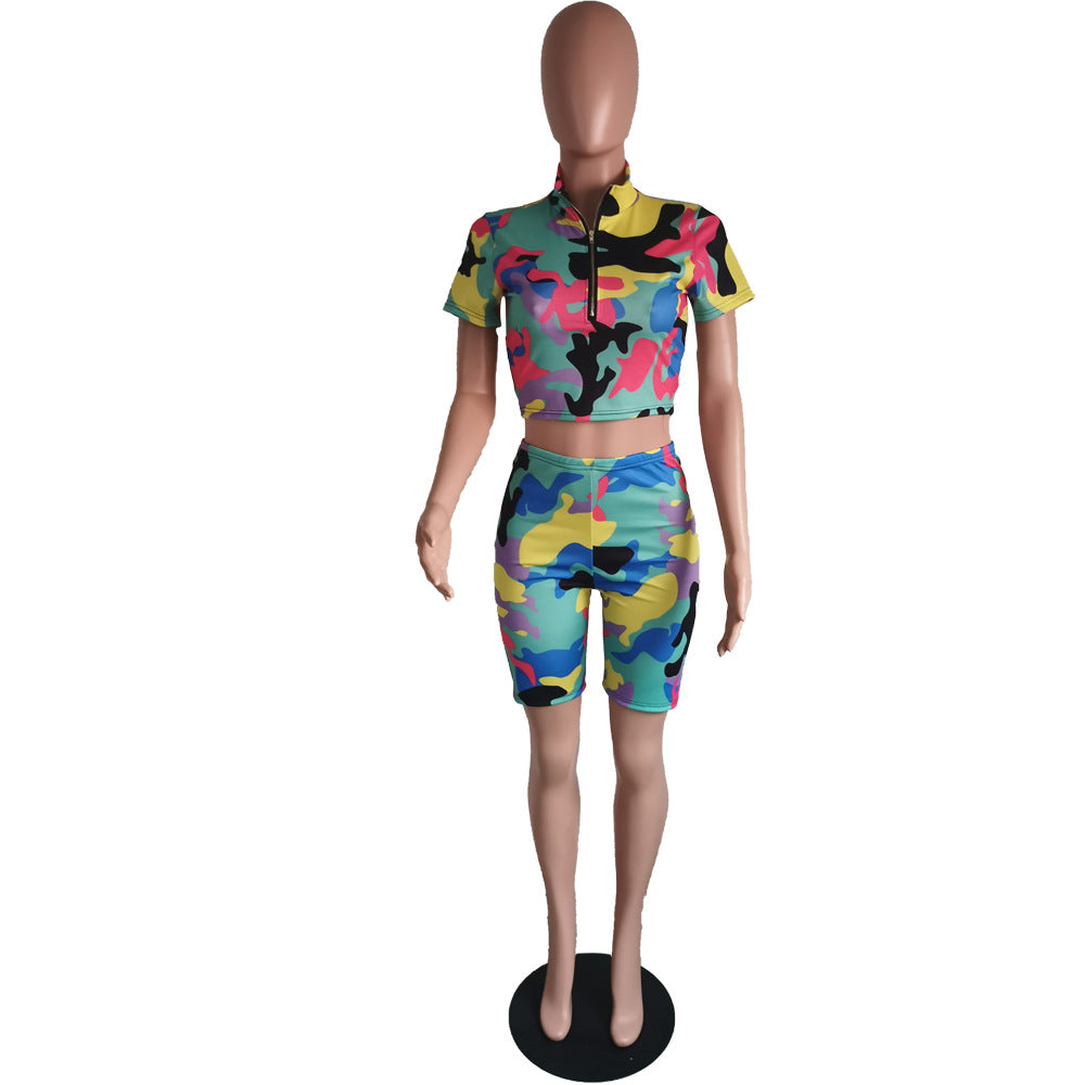 Women's Sexy Camouflage Short Sleeve Zipper High Waist Two-Piece Set 14