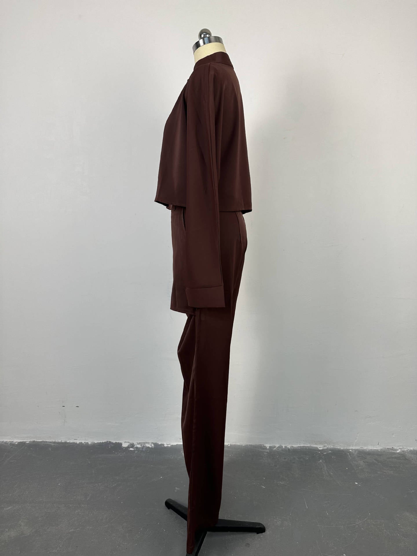 Women Autumn Solid Turndown Collar long-sleeved shirt and wide-leg Pant Casual two-piece set 12