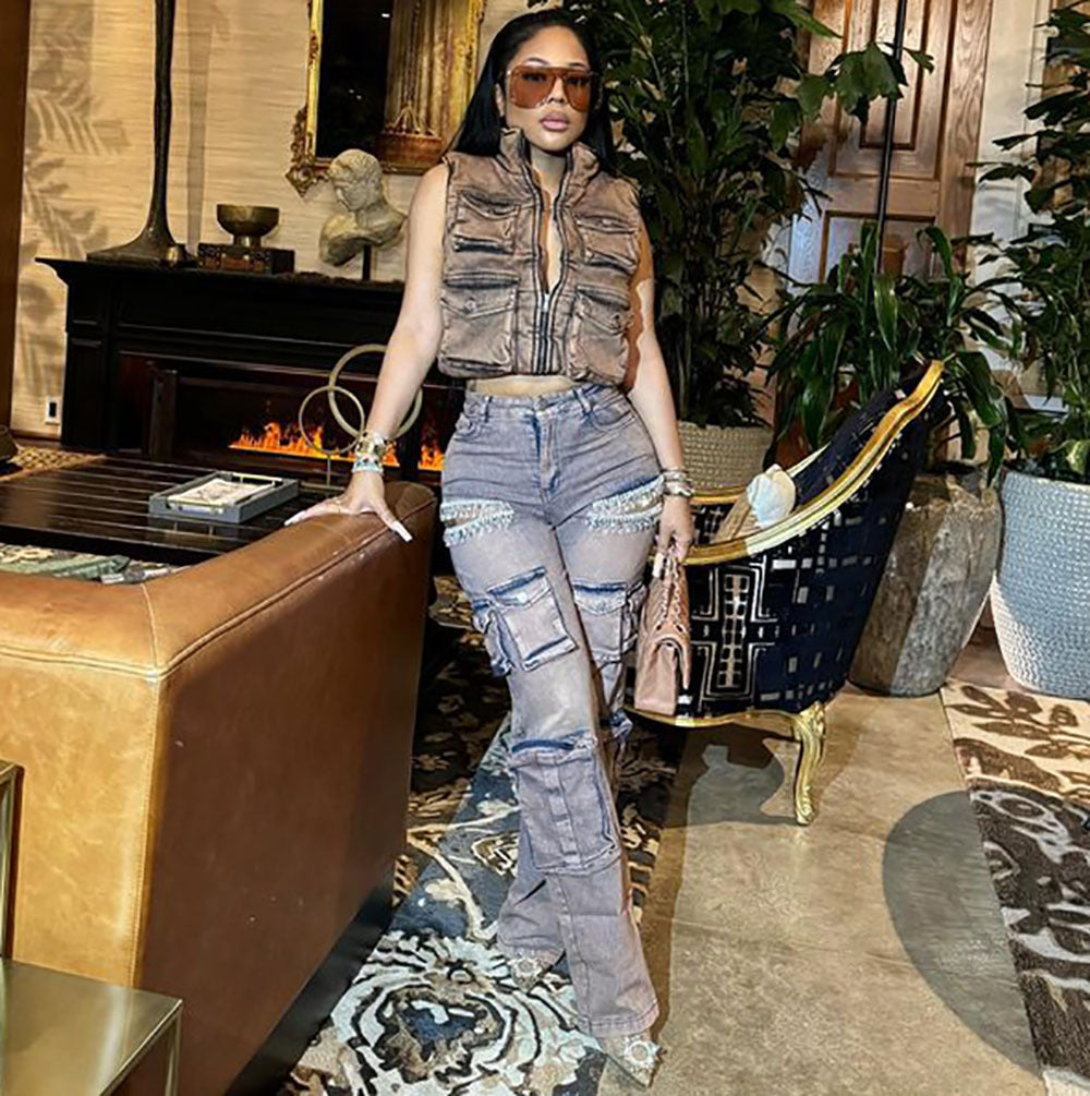 Women Trendy Retro Tassel Diamond Denim Cargo Pants 4