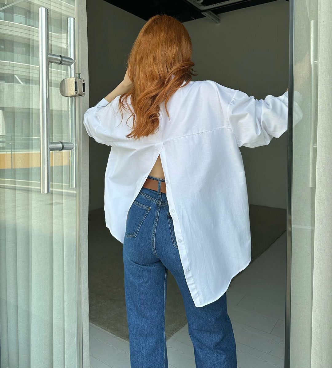 Women Solid Style Long Sleeve Back Slit Loose Shirt 14