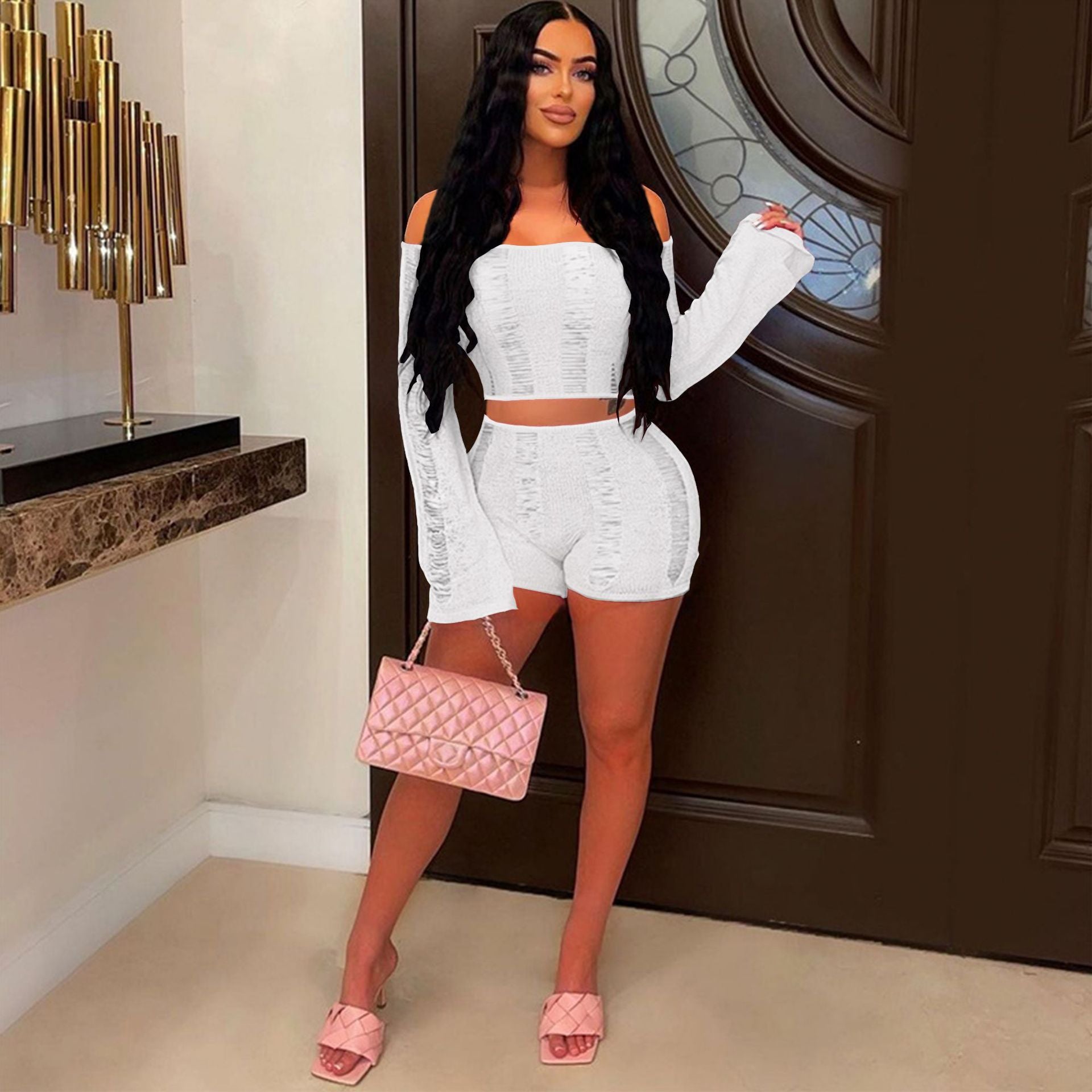 Women's Sexy Off Shoulder Back Hollow Long Sleeve Top Shorts Two-Piece Set 4