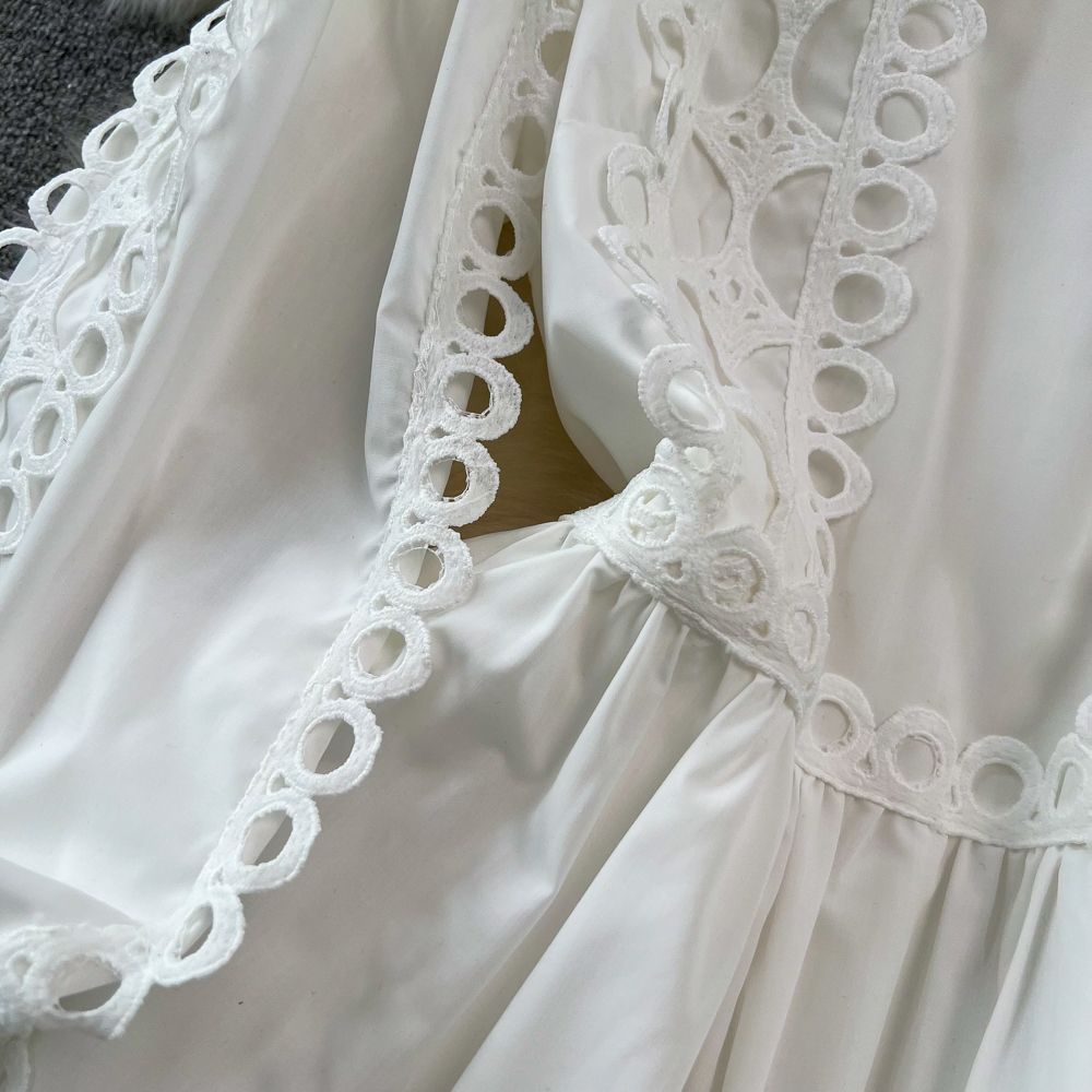 Spring Autumn Retro Chic Lantern Long Sleeve Lace Hollow Patchwork Round Neck Slim Waist Casual Dress 16