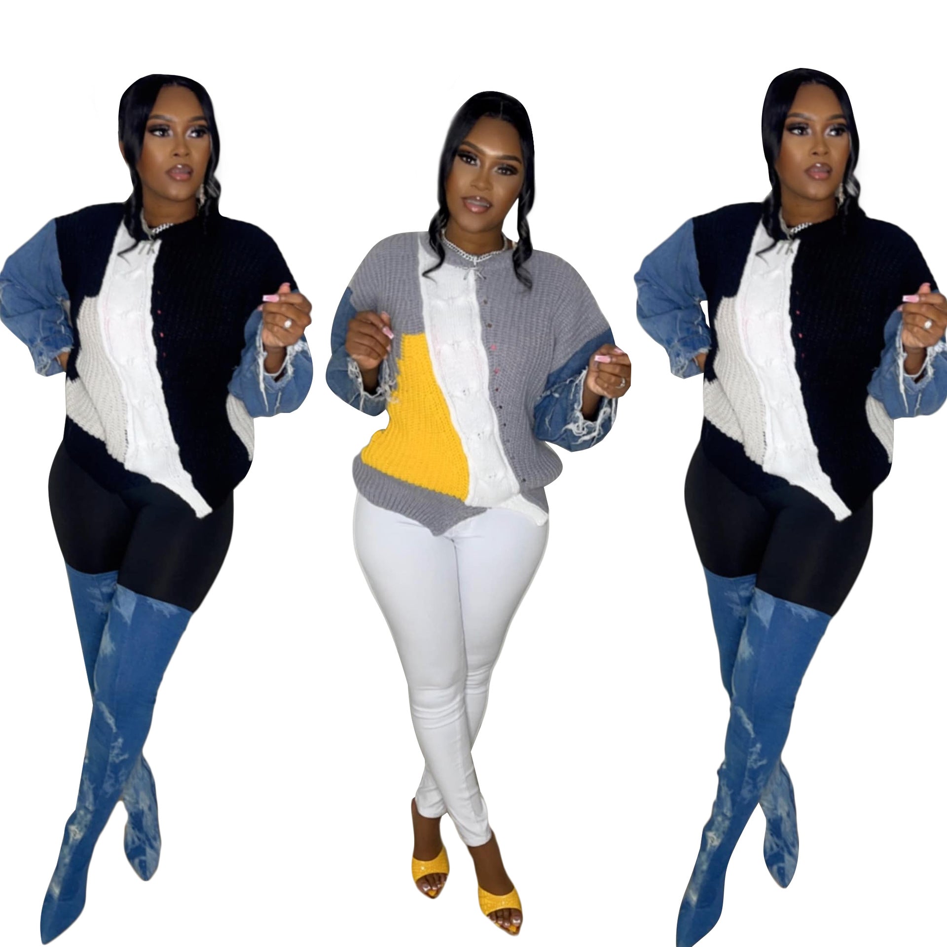 Women Long Sleeve Denim Patchwork Sweater 7