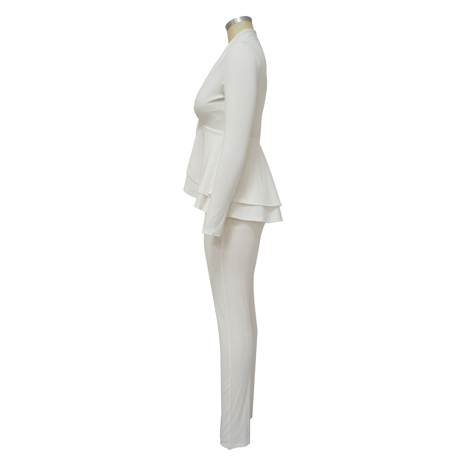 Women'S Autumn Solid Ruffle Deep V Neck Long Sleeve Top Pencil Pants Two Piece Set 17