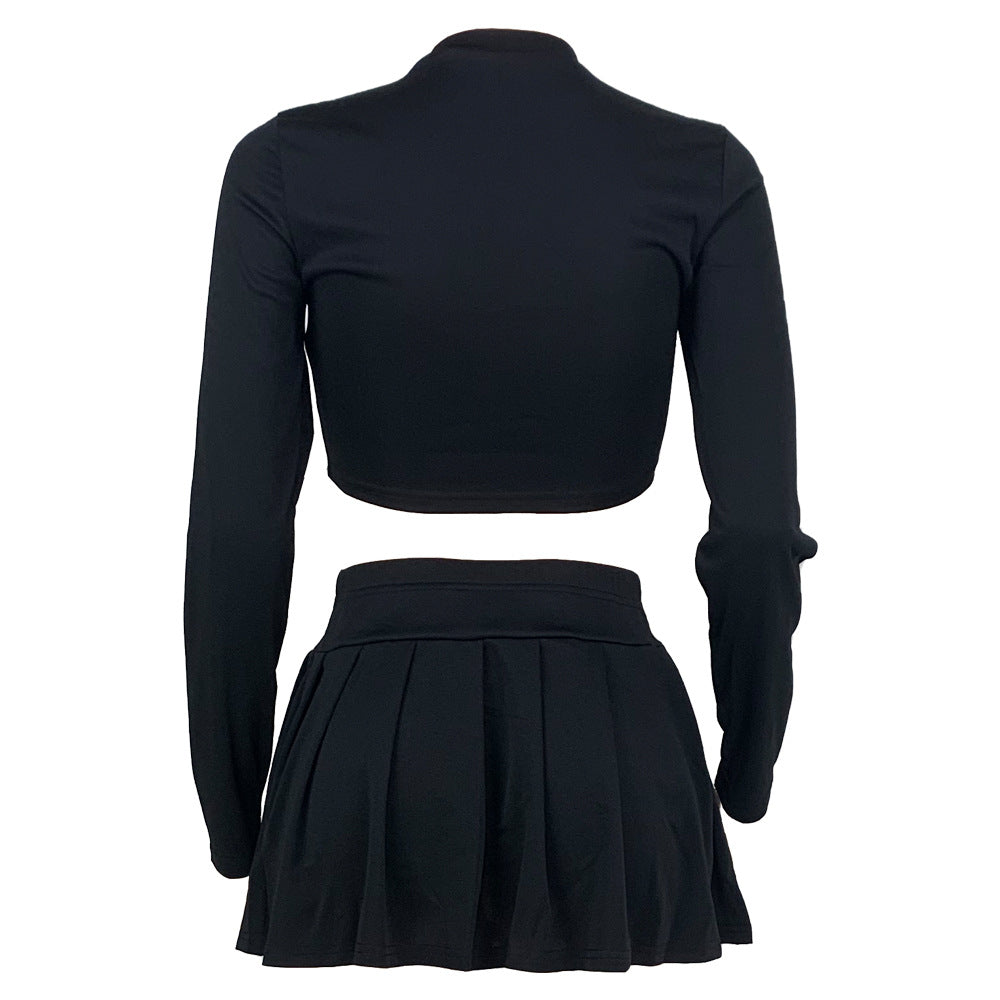 Women's fashion solid color Round Neck Crop slim long-sleeved top pleated short skirt two-piece set 13