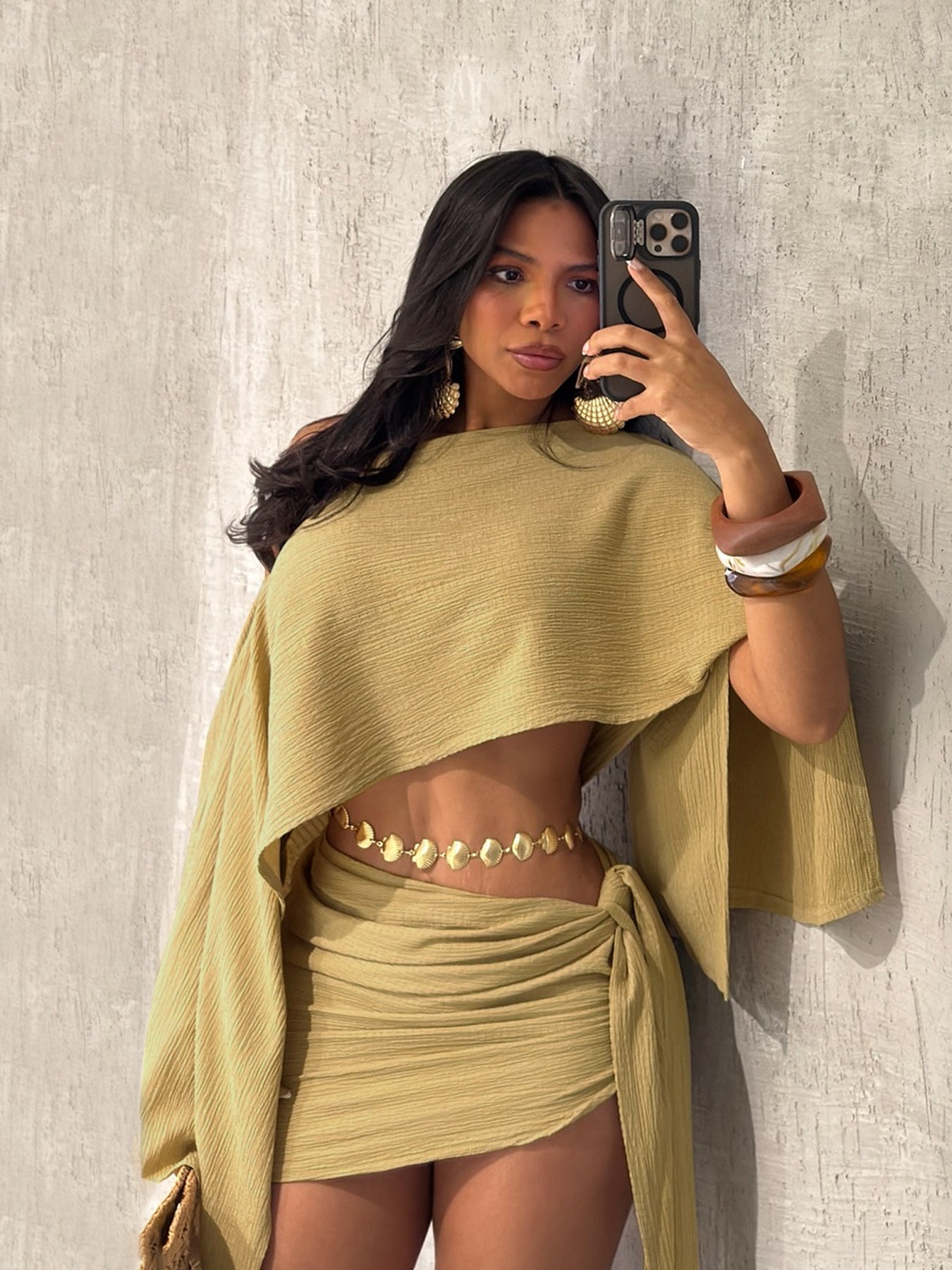 Women's Summer Beach Holidays Slash Shoulder Top Lace-Up Bodycon Short Skirt Set 4