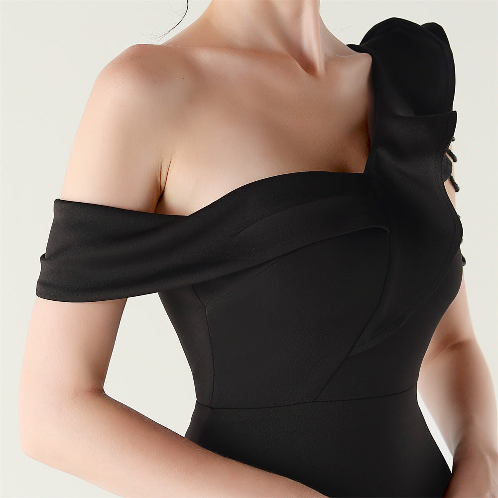 Women ruffled one-shoulder beaded fishtail formal party evening dress 29