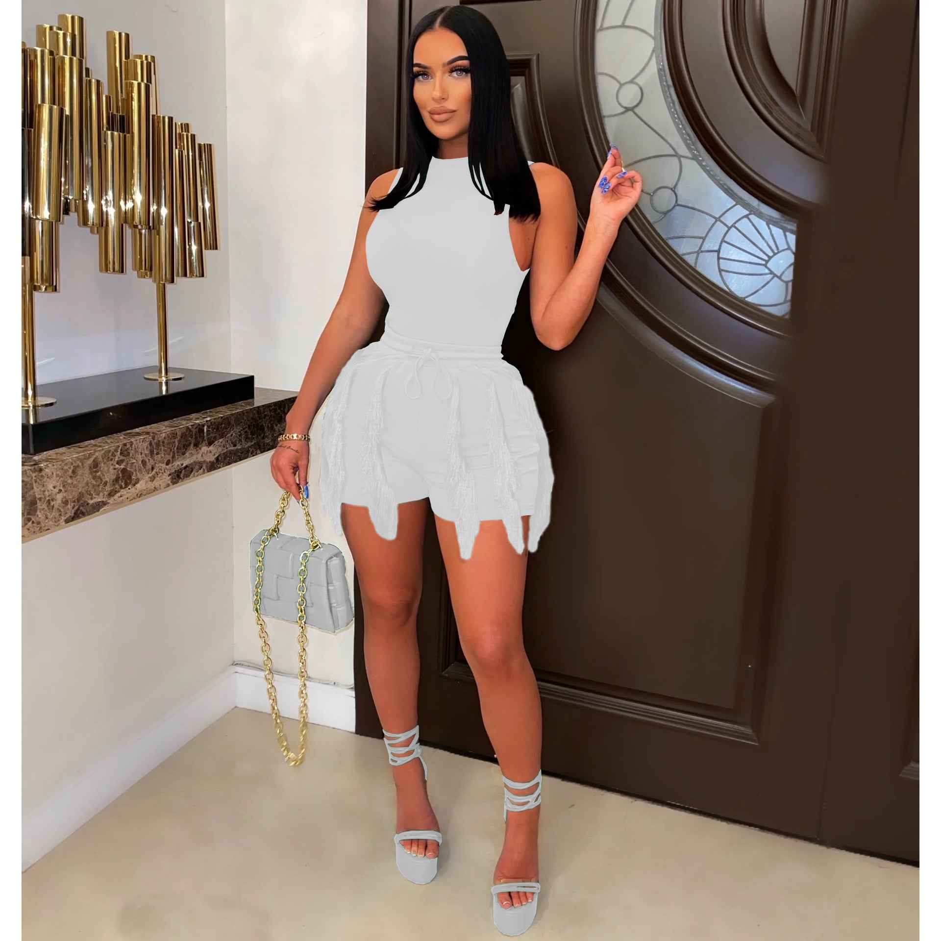 Women'S Sleeveless Tank Top Drawstring Fringe Casual Solid Shorts Two Piece Set 17