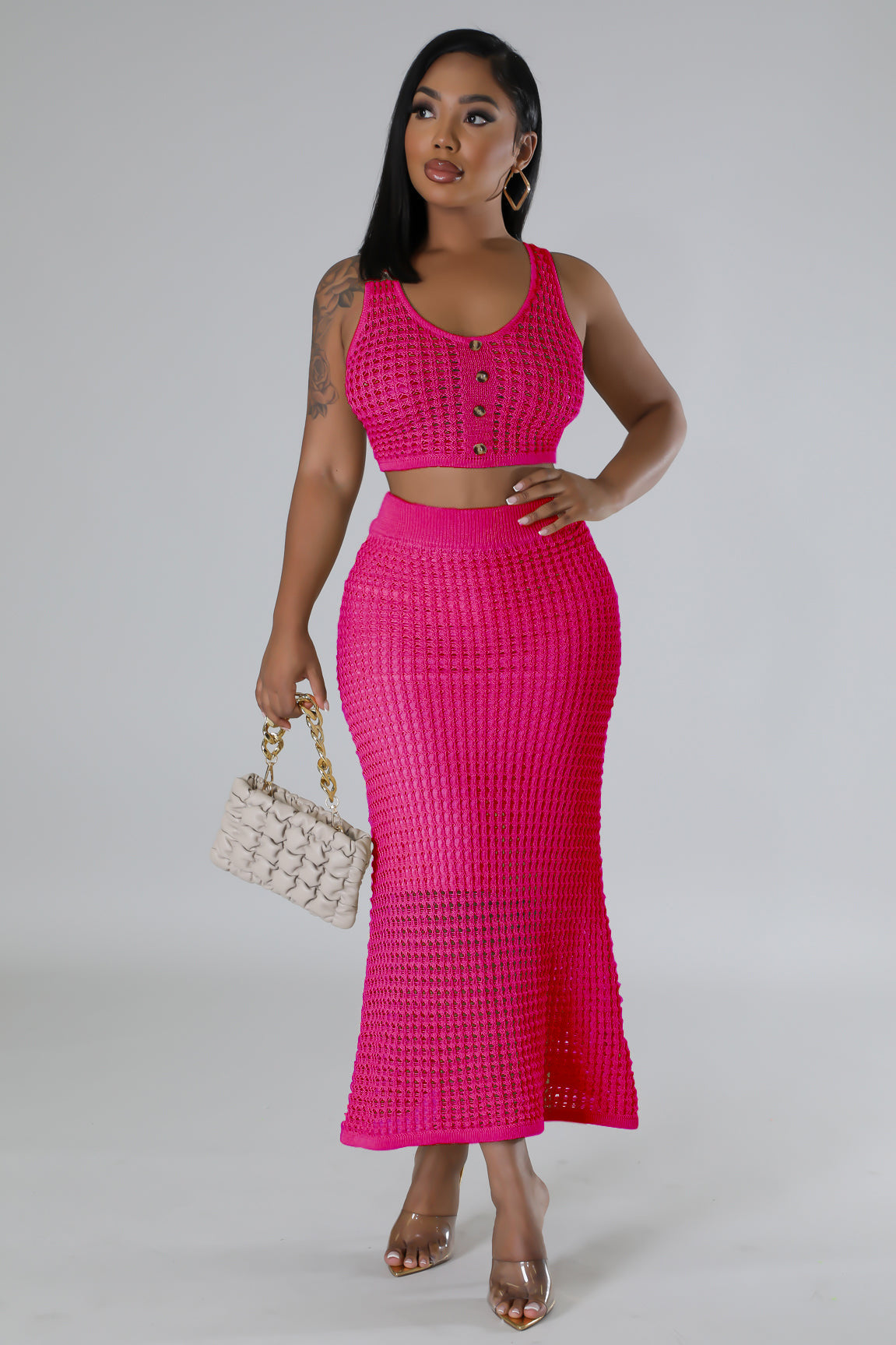 Women tassel fishnet knitting Casual Top and Skirt two-piece set 4