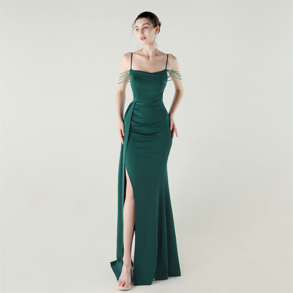 Women Strapless satin beaded chain fishtail evening dress 16