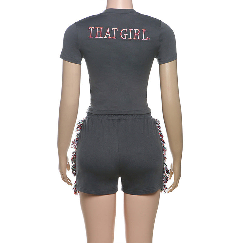 Women spring Summer sexy embroidered Top Solid and shorts two-piece set 8