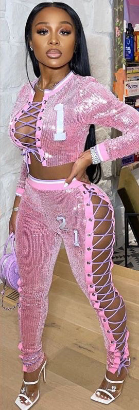 Women Digital Sexy Lace-Up Cut Out Long Sleeve Top and Pants Two-piece Set 4