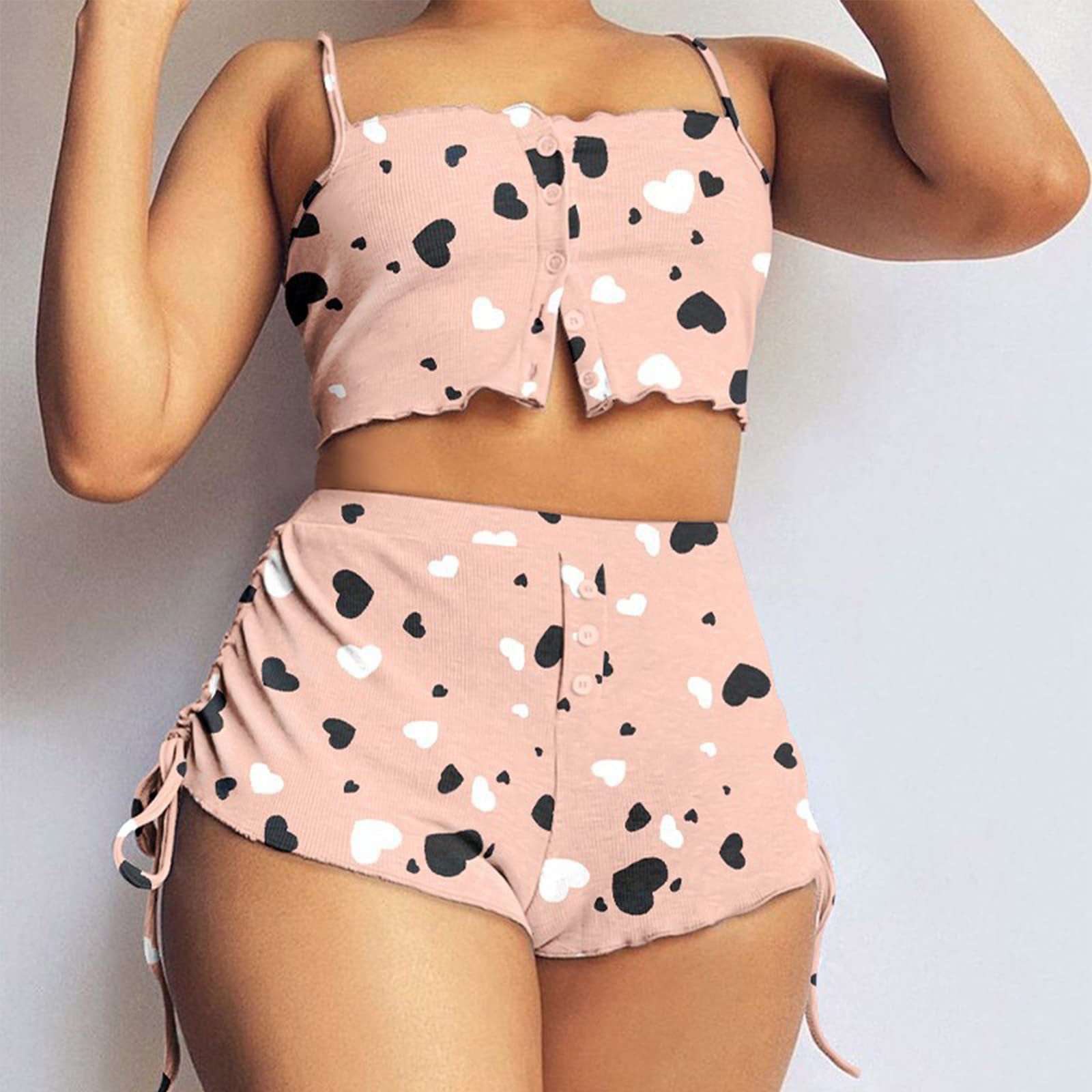 Strap Pajamas Button Printed Two Piece Shorts Set 8