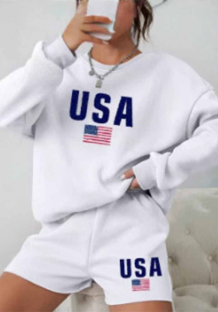 Women Round Neck Long Sleeve Top and Shorts Casual Two-piece Set