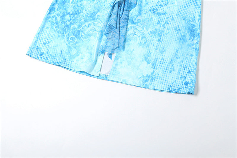 Women Spring Summer Sexy Contrast Halter Neck Lace-Up Backless Slit Dress 7