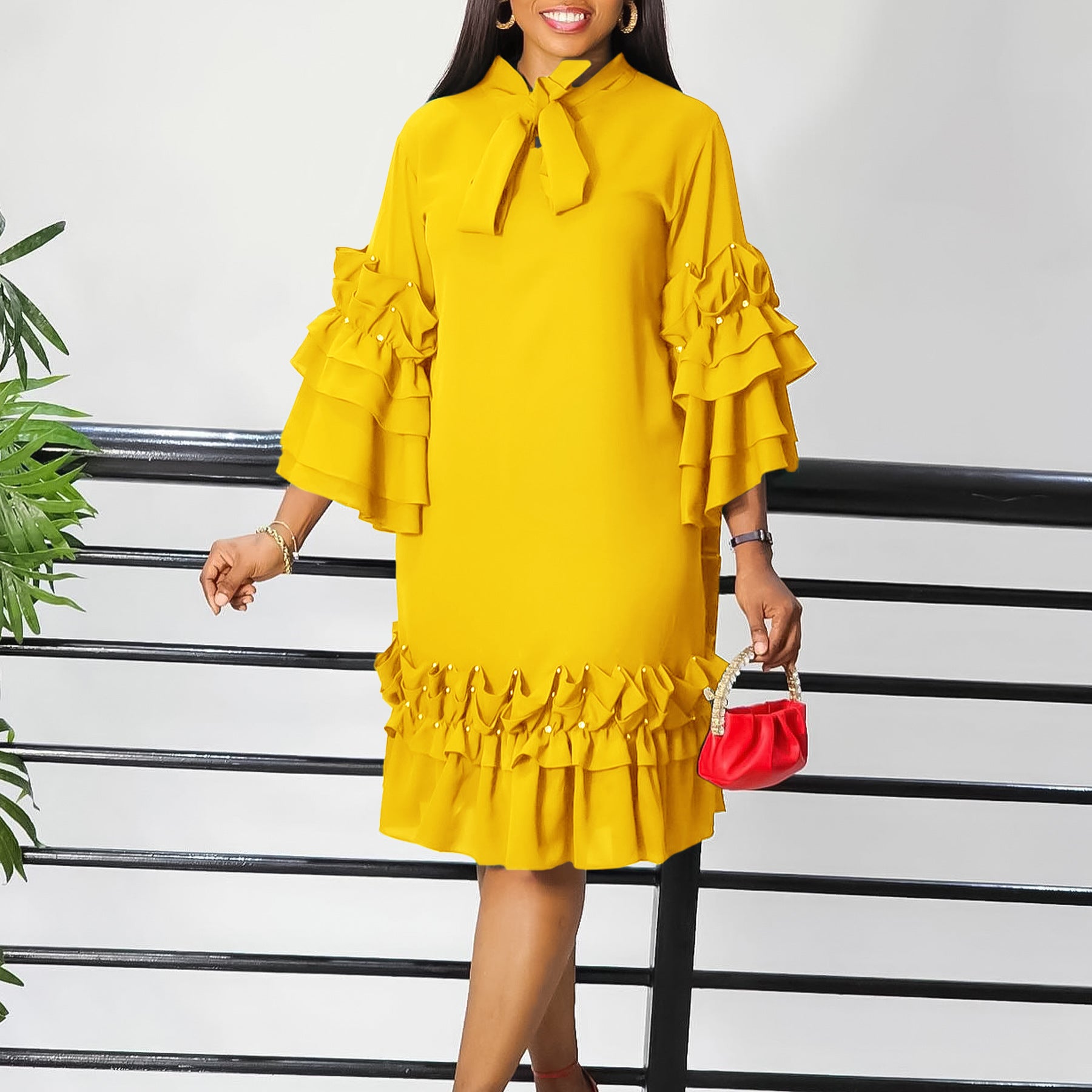 Women's Fashionable And Elegant Lace-Up Multi-Layered Ruffled Bell Bottom Sleeve Loose Dress 14