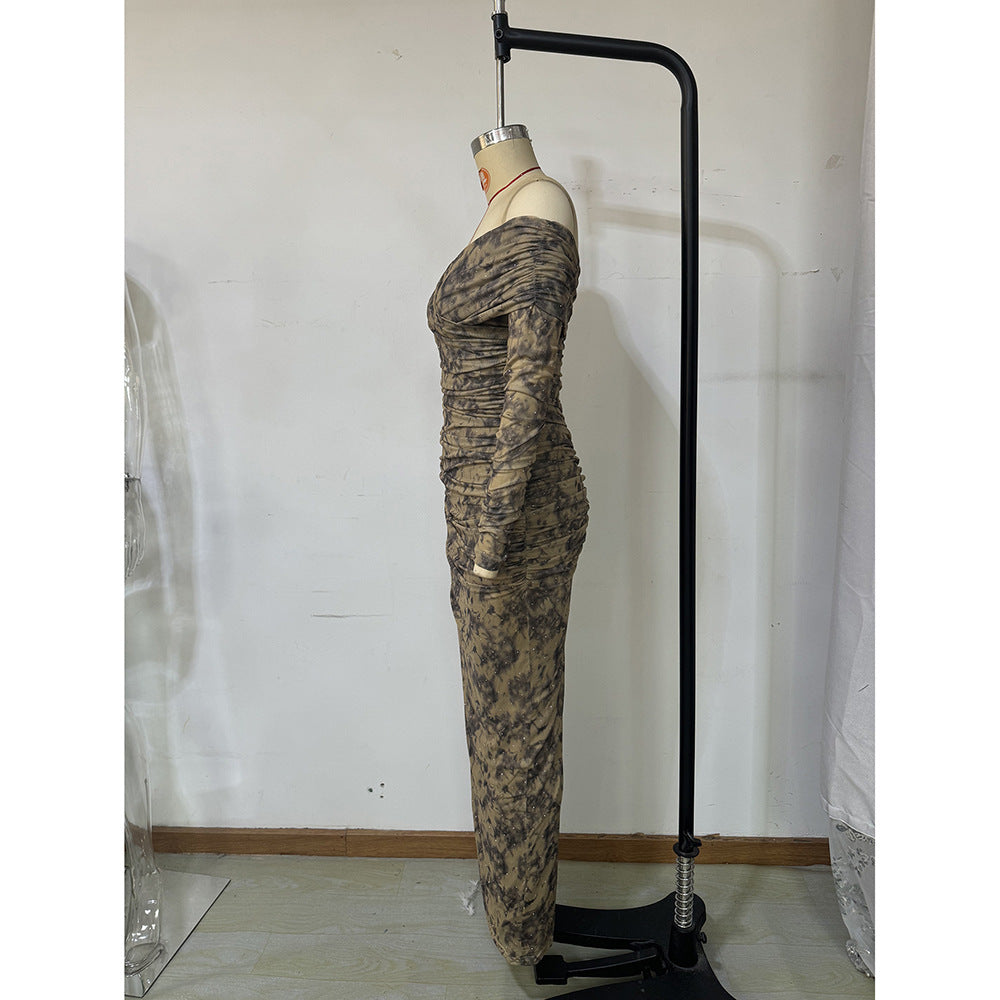 Spring Summer Women's Fashion Print Mesh Beaded Slim Evening Dress 9