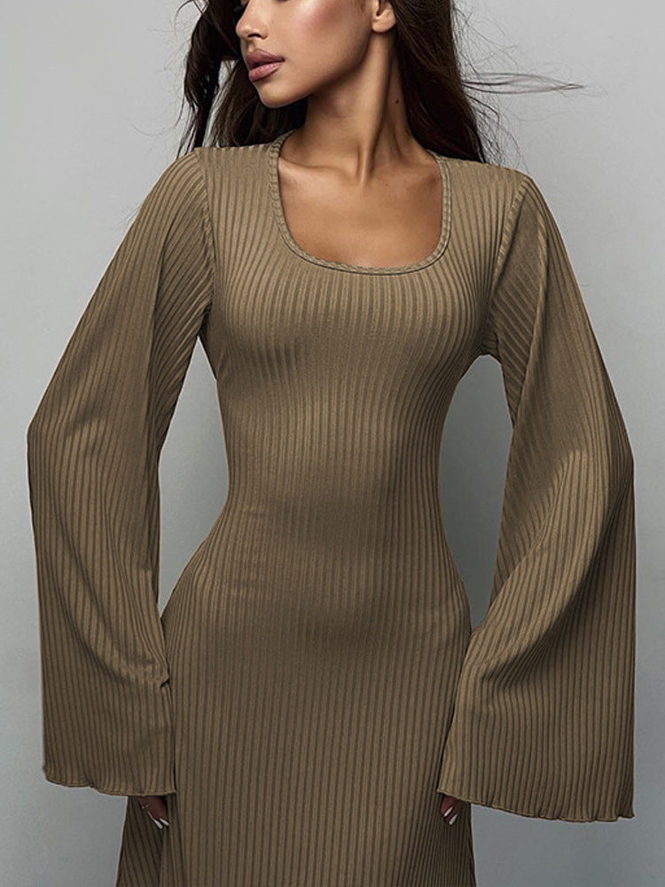 Plus Size Women Belt Bottom Long Sleeve Ribbed Dress 10