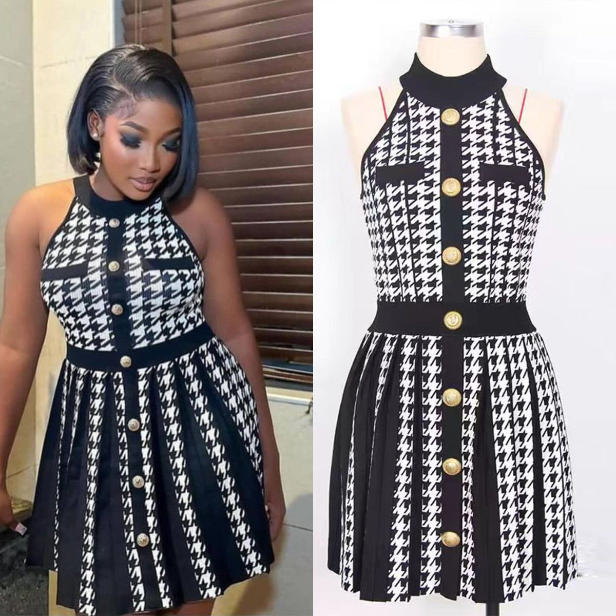 Summer Halter Neck Sleeveless Slim Waist A-Line Knitting Dress 3