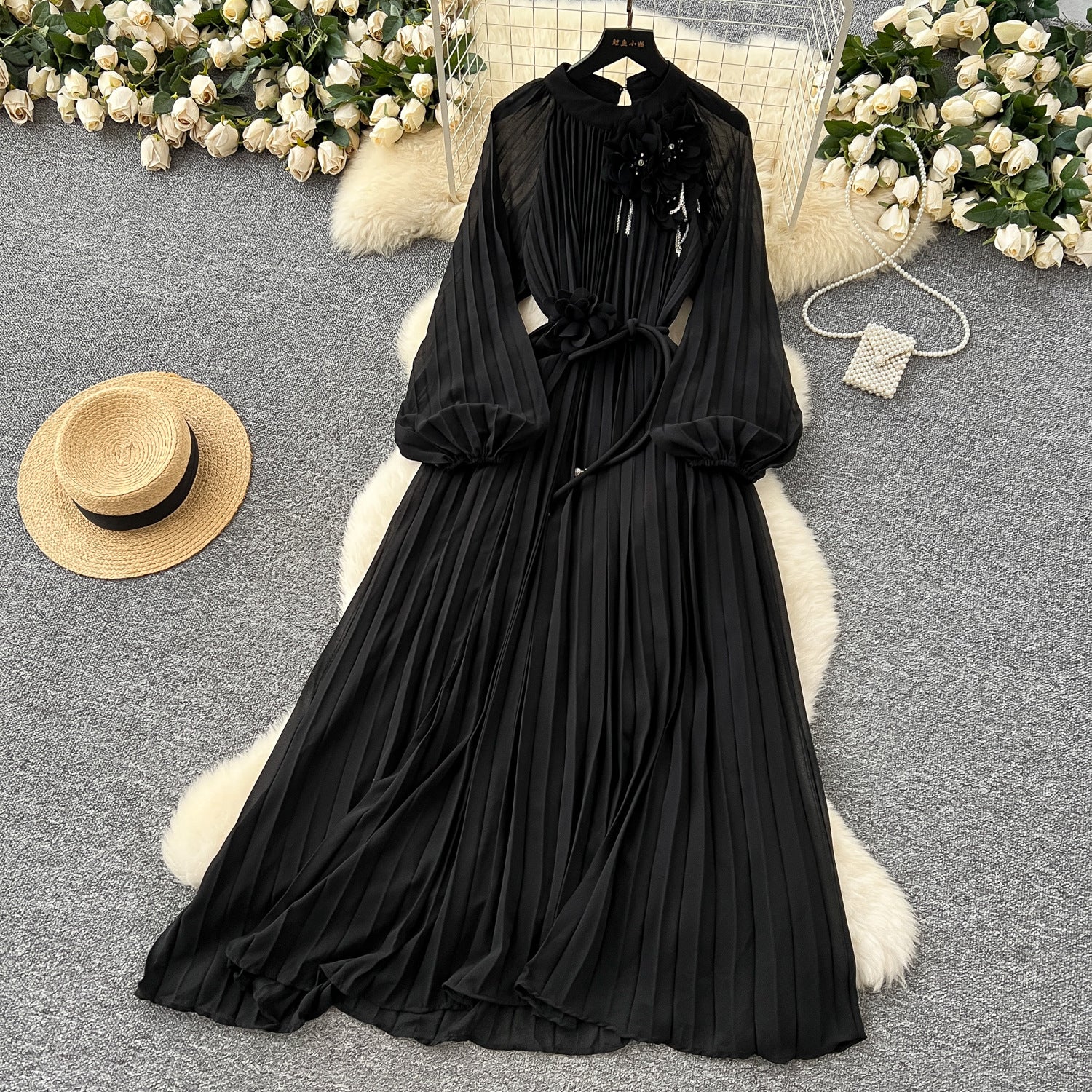 Elegant Women's Luxury Beaded Flower Belt Slim Waist Pleated Long Dress 12