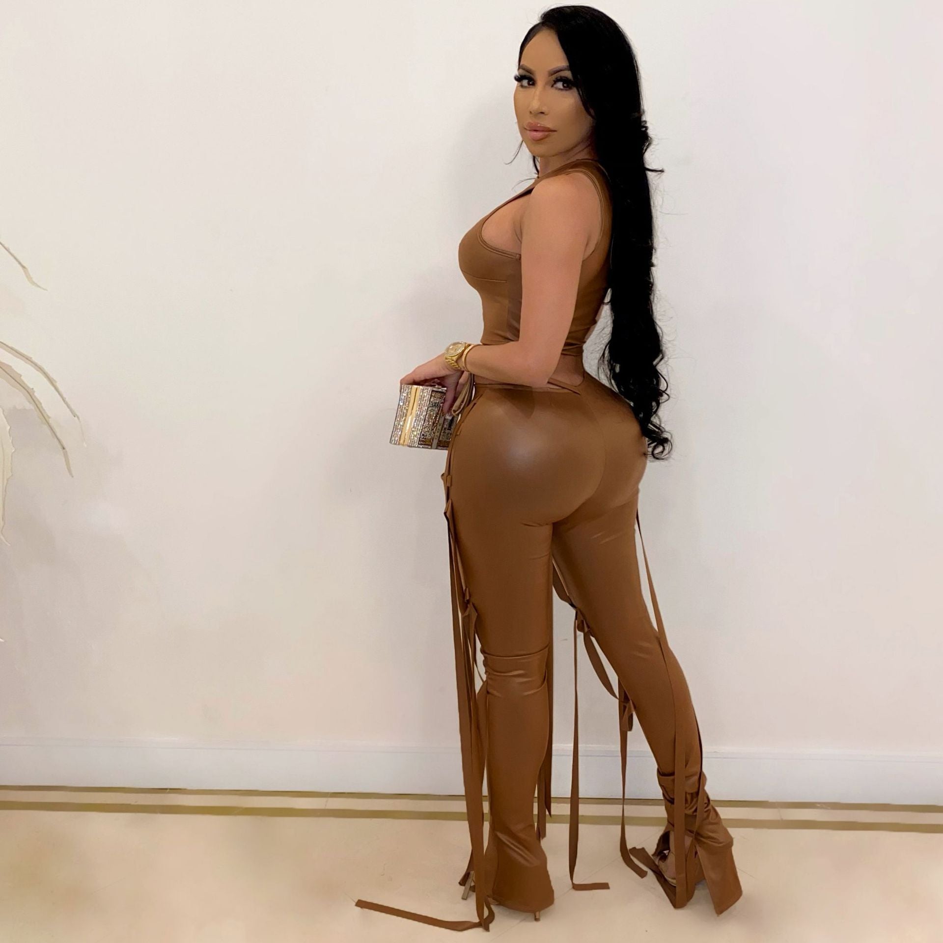 Women's Sexy Faux Leather Tank Top Lace-Up Pants Two Piece Nightclub Set 19