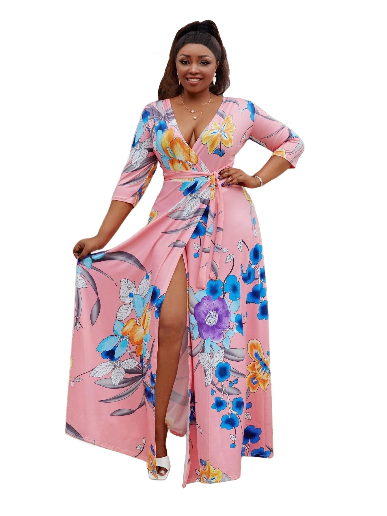 Women V-neck Half-Sleeve Slit Dress Bohemian Beach Maxi Dress 8